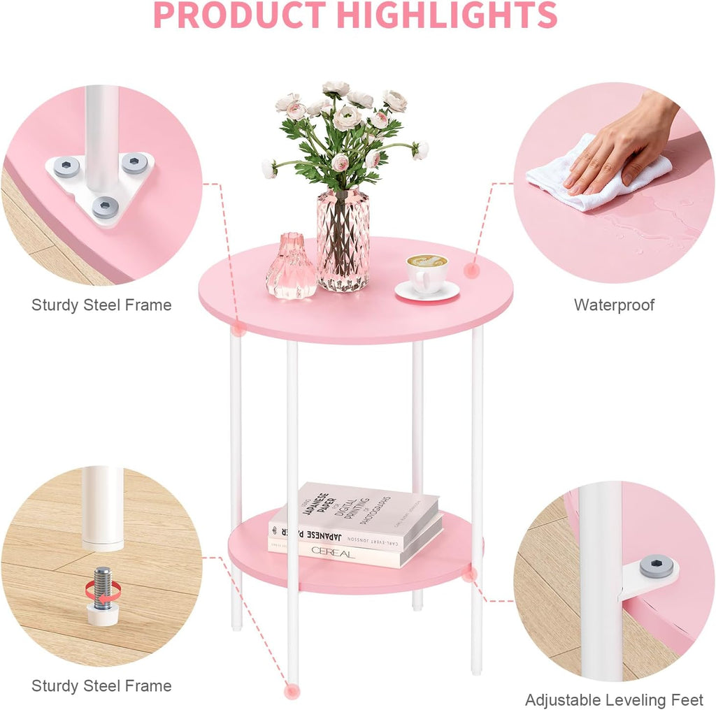 Side Table,Round End Table with 2 Storage Shelves| Compact Side Tables for Living Room, Couch, Gym, Office & Bedroom | Narrow Accent Table as Space-Saving Small Bedside Table 18x18x22in(Pink)