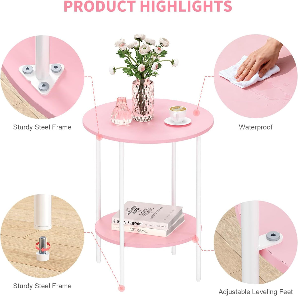 Side Table,Round End Table with 2 Storage Shelves| Compact Side Tables for Living Room, Couch, Gym, Office & Bedroom | Narrow Accent Table as Space-Saving Small Bedside Table 18x18x22in(Pink)