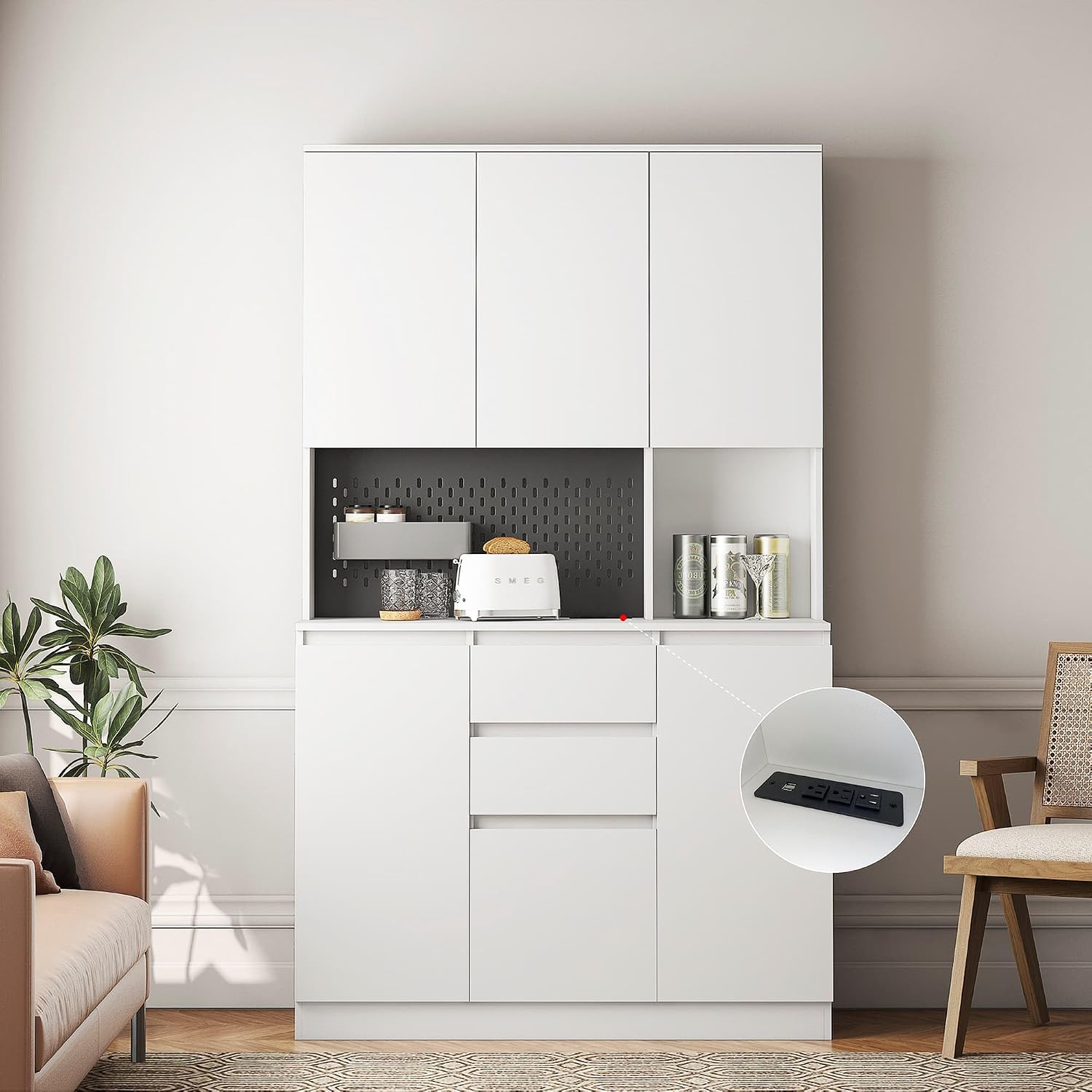 ZeHuoGe 74" Kitchen Pantry Cabinet with Charging Station,Freestanding Storage Cabinet with Drawers, Modern Pantry Cupboards with Microwave Stand for Living Room,Dinning Room (White)