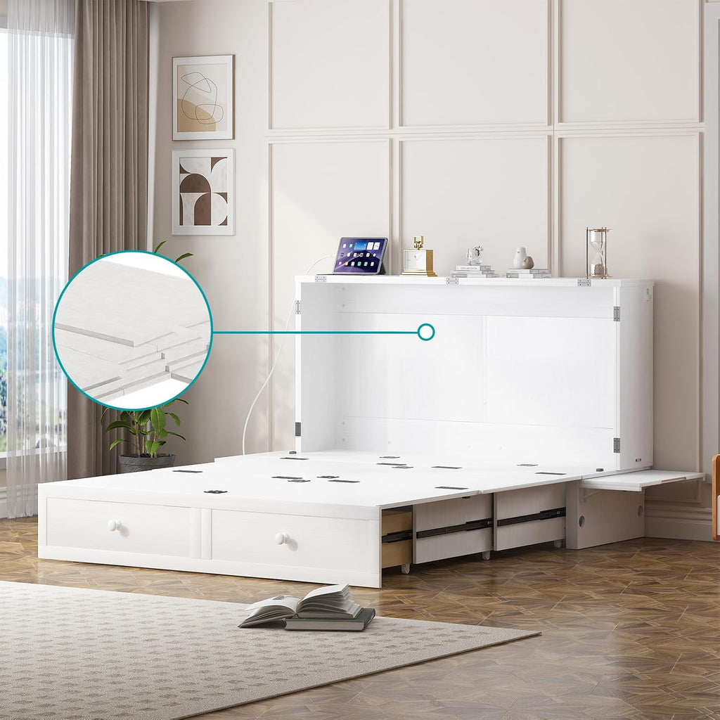 BALUS Queen Murphy Bed, Murphy Cabinet Bed with 2 Storage Drawers &USB Charging Station, Space-Saving Murphy Beds for Living Room/Bedroom, White