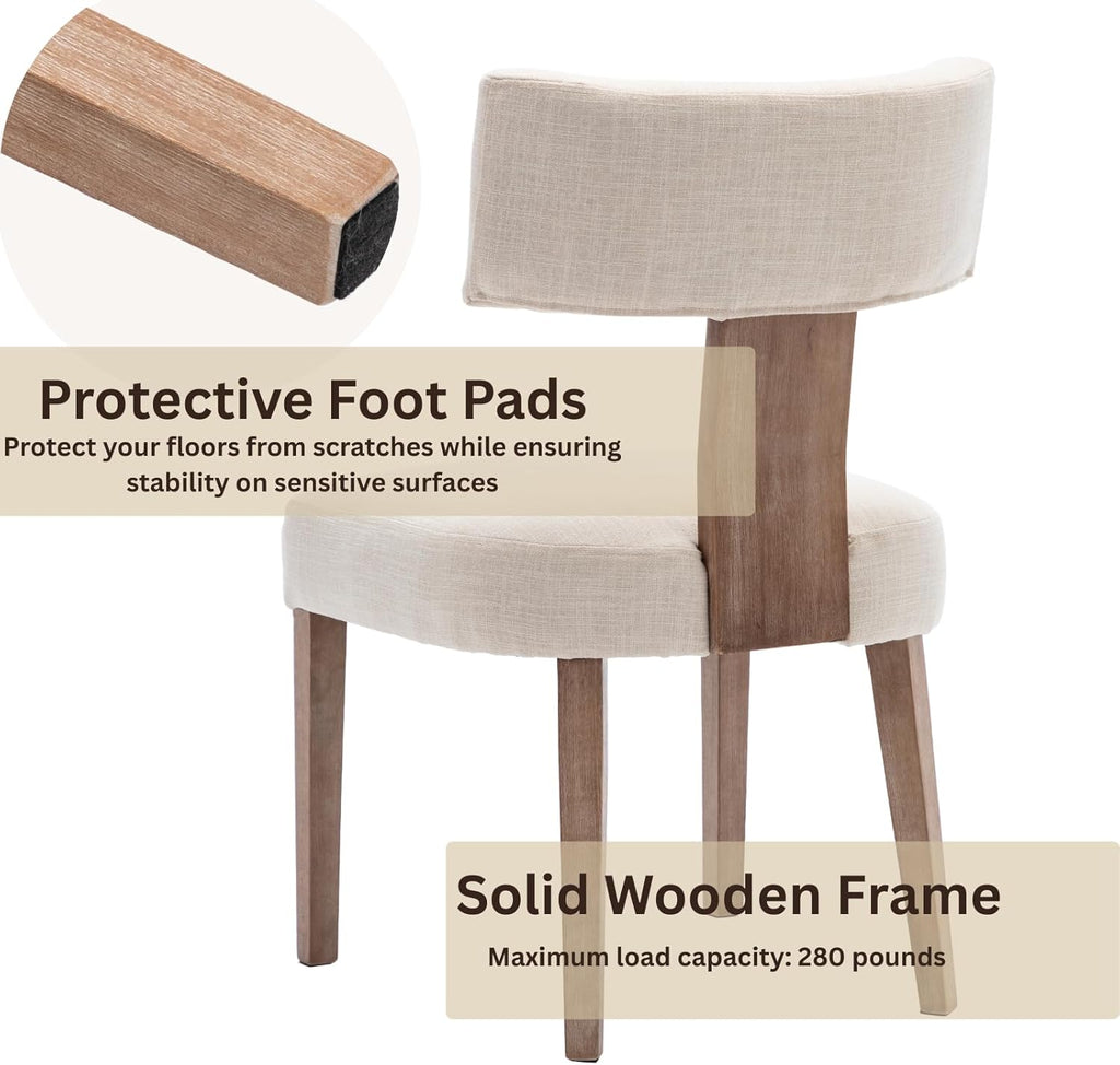 Modern Upholstered Dining Chairs Set of 6, Curved Mid Back, Farmhouse Beige Linen Dining Room Chairs, Natural Wooden Armless Side Chair for Small Space/Kitchen/Restaurant