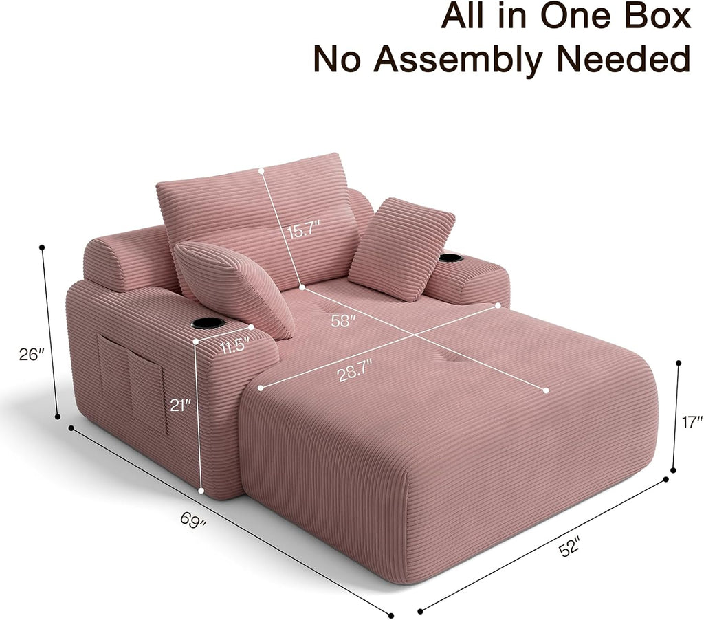 69” Oversized Chaise Lounge Chair Indoor, Soft Floor Chaise Lounge Reading Chairs with 4 Side Pockets and 2 Cup Holders, Comfy Corduroy Sleeper Sofa Bed for Living Room Bedroom, Pink