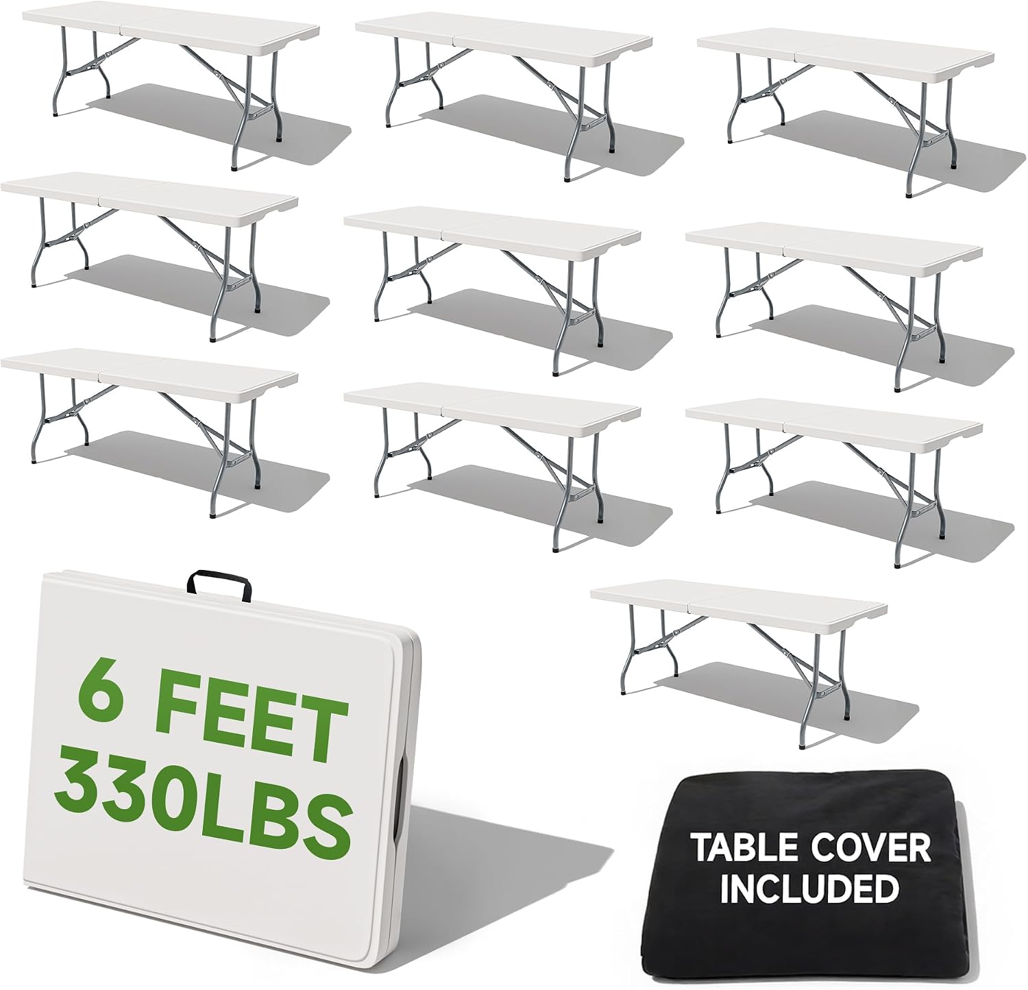 Folding Table 6 Foot with Black Table Cloth- Durable 330LBS Capacity, Sturdy & Foldable Design with Safety Lock-Portable Tables Folding for Camping, Party, Indoor & Outdoor Use10 Pack