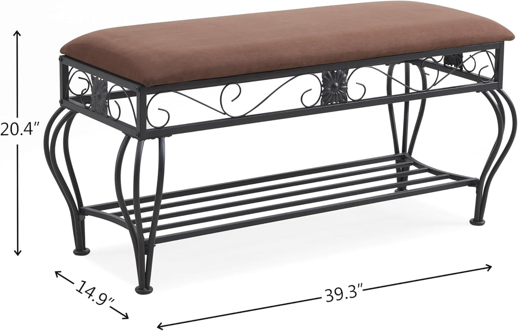Bluecat Entryway Shoe Bench with Brown Padded Cushion, Metal Frame Multi-Functional Shoe Changing Bench for Hallway Living Room Bedroom