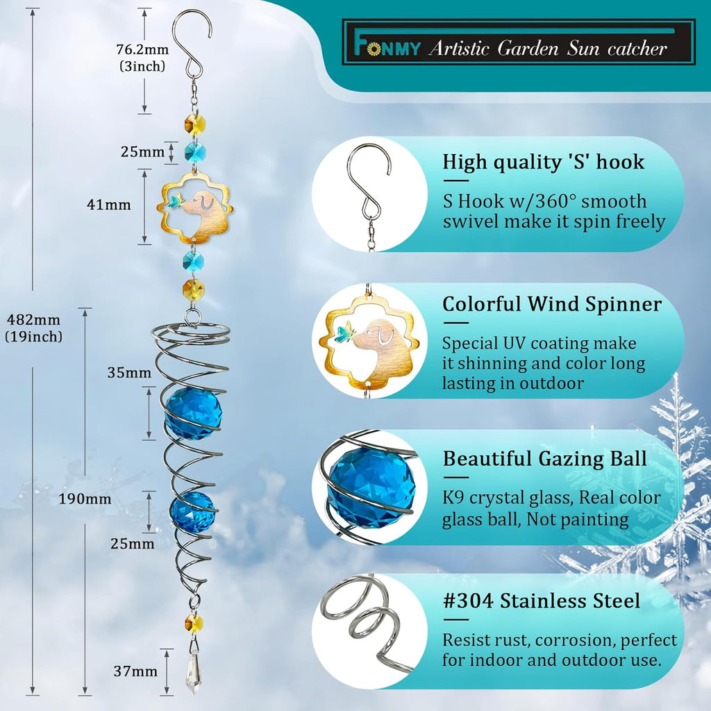 FONMY Dog Gazing Ball Spiral Tail Wind Spinner Sun Catcher Rainbow Maker Silver Double-Spiral W/Blue K9 Crystal Ball Tree Hanging Ornament Indoor Outdoor Garden Decor. -19.5inch H