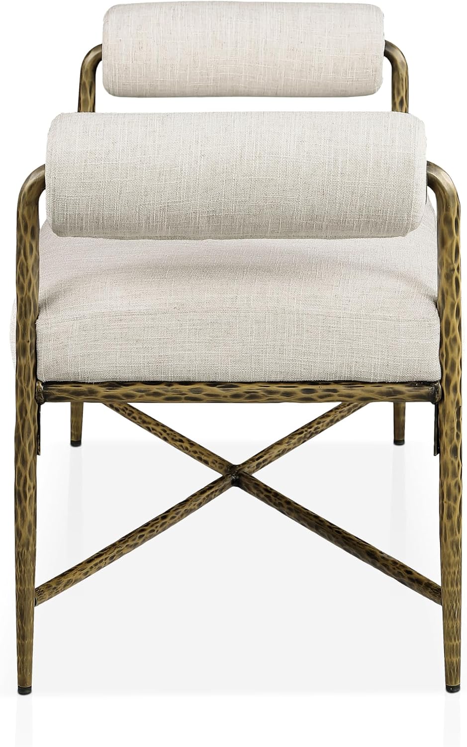 24/7 Shop at Home Lalia Upholstered 48-inch Metal Bench with Padded Roll Arms, Beige Fabric Seat, Hammered Forged Steel Frame, Modern Bedroom or Entryway, Matte Gold