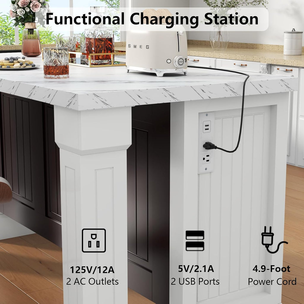 Gyfimoie 71" Large Imitation Marble Dining Table with Roman Column,36" H Island Table with Charging Station,Mordern Kitchen Island,Home Bar Unit for Home Kitchen, Living Room, Balcony, Basement