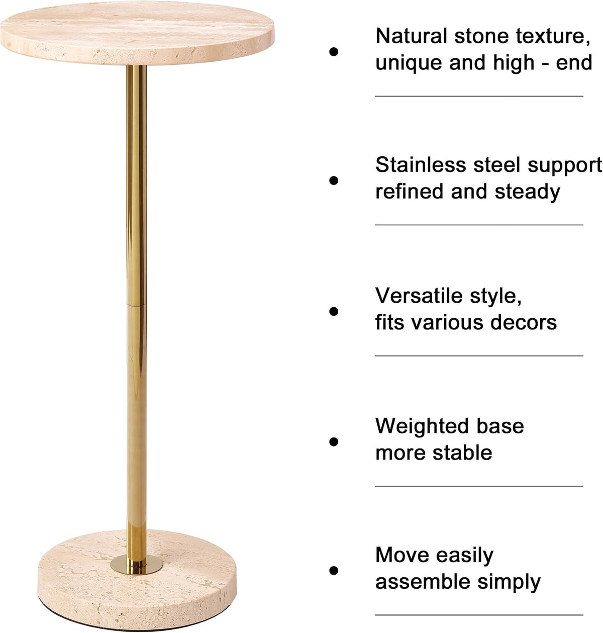 Premium Small Round Natural Marble Pedestal Side Table, End Table, Mini Drink Table with Upgraded Weighted Marble Base, for Livingroom, Bedroom, Bathroom, Balcony, Small Spaces (Beige Travertine)
