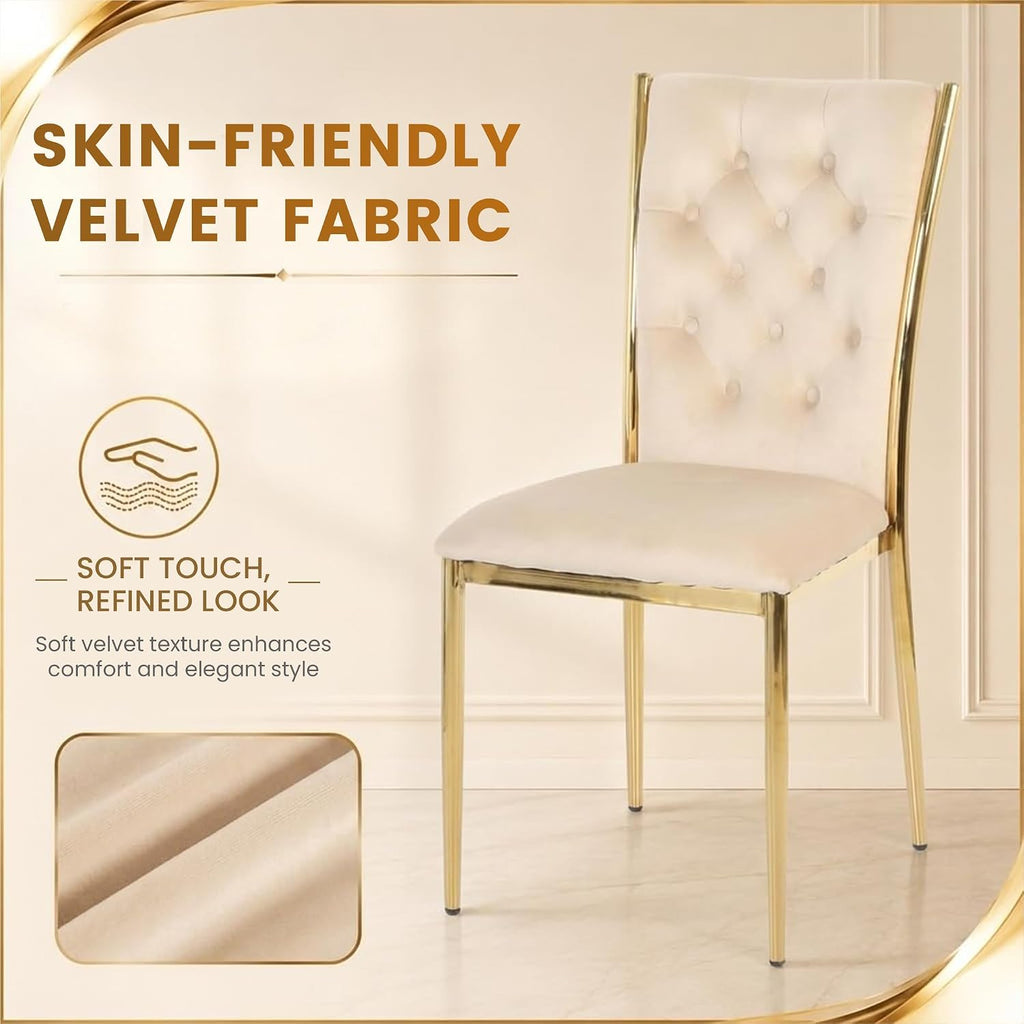 Velvet Dining Chairs Set of 4, Modern Kitchen Chair with Gold Metal Legs, Luxury Upholstered Tufted Dining Room Chairs for Home, Apartment, Living Room - Beige