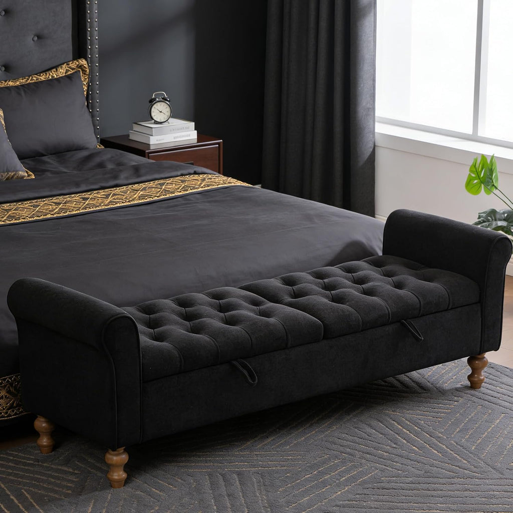 Chifee & Vingol 65" Storage Ottoman Bench Upholstered End of Bed Bench Modern Entryway Benches Double Openings Window Benches for Bedroom Living Room Entryway,Black