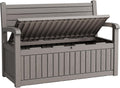 80 Gallon Lockable Deck Bench with Storage, Resin Stripes Outdoor Storage Box, Waterproof Outdoor Porch Bench for Cushions Garden Tools, and Pool Supplies, Grey