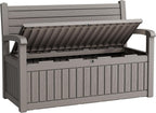 80 Gallon Lockable Deck Bench with Storage, Resin Stripes Outdoor Storage Box, Waterproof Outdoor Porch Bench for Cushions Garden Tools, and Pool Supplies, Grey