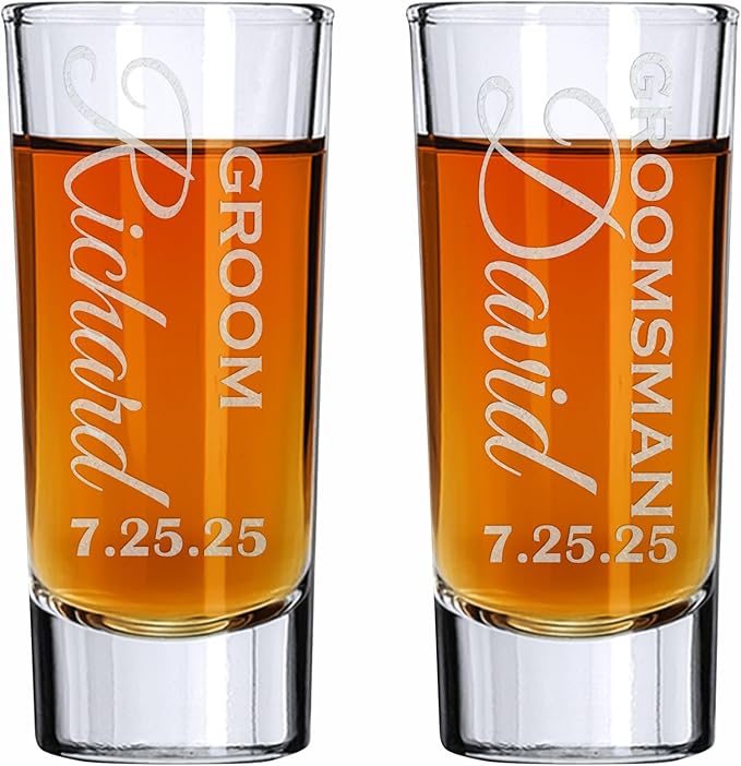 Custom Engraved 2 oz Shot Glass – Personalized Etching – Groomsman & Bridesmaid Gift – Wedding Favor Set of 2
