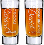 Custom Engraved 2 oz Shot Glass – Personalized Etching – Groomsman & Bridesmaid Gift – Wedding Favor Set of 2