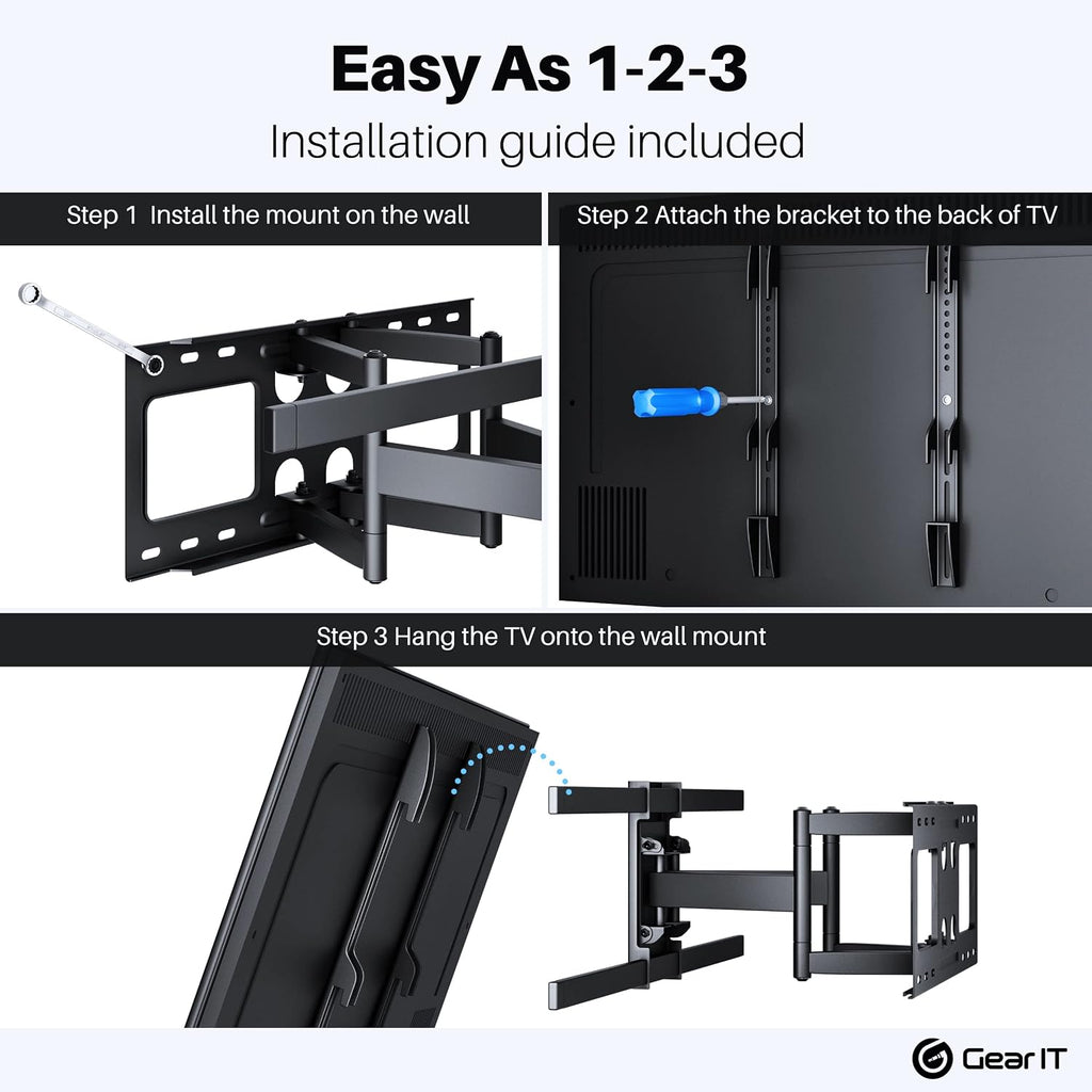 GEARit TV Wall Mount/Monitor (TVs 37 to 80 inch) Up to 132lbs - Full Motion Swivel, Tilt, Articulating Arm, Vesa 200 300 400 600