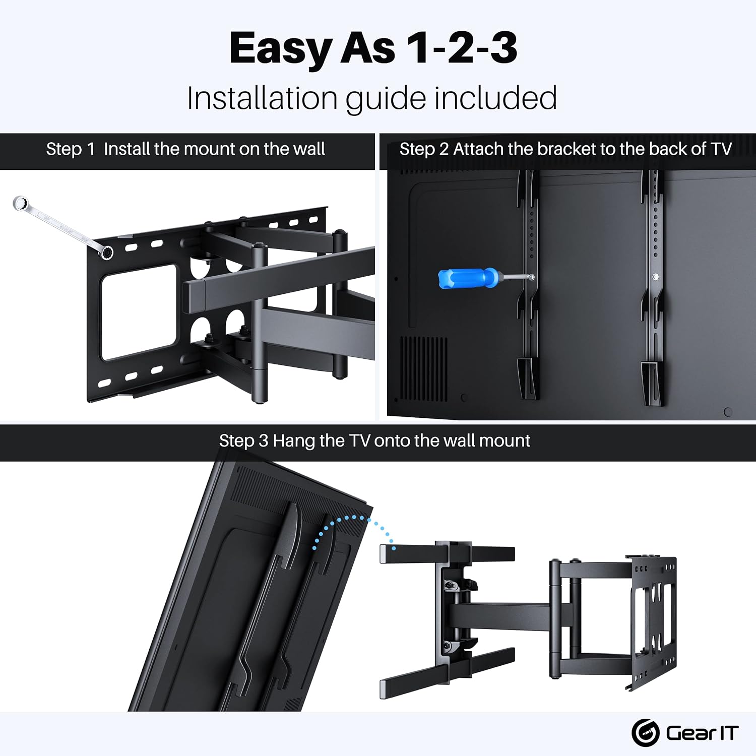 GEARit TV Wall Mount/Monitor (TVs 37 to 80 inch) Up to 132lbs - Full Motion Swivel, Tilt, Articulating Arm, Vesa 200 300 400 600