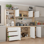 Mekminop Extra Large Kitchen Pantry with Microwave Shelf, Kitchen Hutch Storage Cabinet with Countertop, Freestanding Countertop Cabinet with 3 Drawers and 3 Open Shelves, White + Walnut