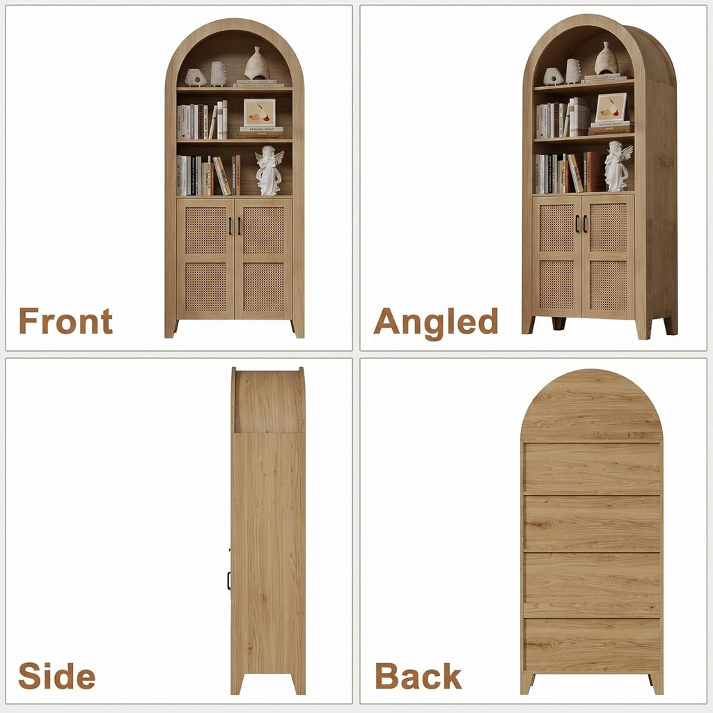 Arched Pantry Cabinet, 71" Kitchen Pantry Cabinet with Adjustable Shelf, Wood Storage Cabinets Anti-Tipping, Farmhouse for Living Room, Dining Room (Rattan Natural)