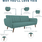 Novogratz Brittany 82 Inch Futon Sofa Bed in Faux Leather, Upholstered Couch Sleeper with Tufted Back, Mid-Century Modern Design, Teal