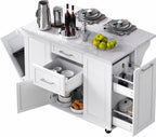 50.7" Kitchen Island with Trash Can Storage Cabinet & Drop Leaf | Island Table for Kitchen, White Faux Marble Top, Double-Tier Pull-Out Cabinet, Foldable Workspace, 5 Wheels