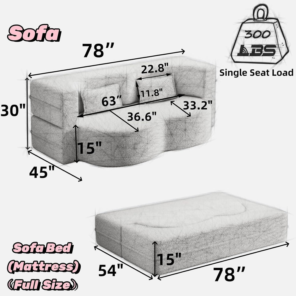 2 in 1 Convertible Folding Sofa Bed, Plush Corduroy Lazy Lounge Sofabed, Foam Folding Floor Sofa Bed, 78" Full Size Memory Foam Couch for Living Room Guestroom, No Assembly Required Sofabed (Beige)
