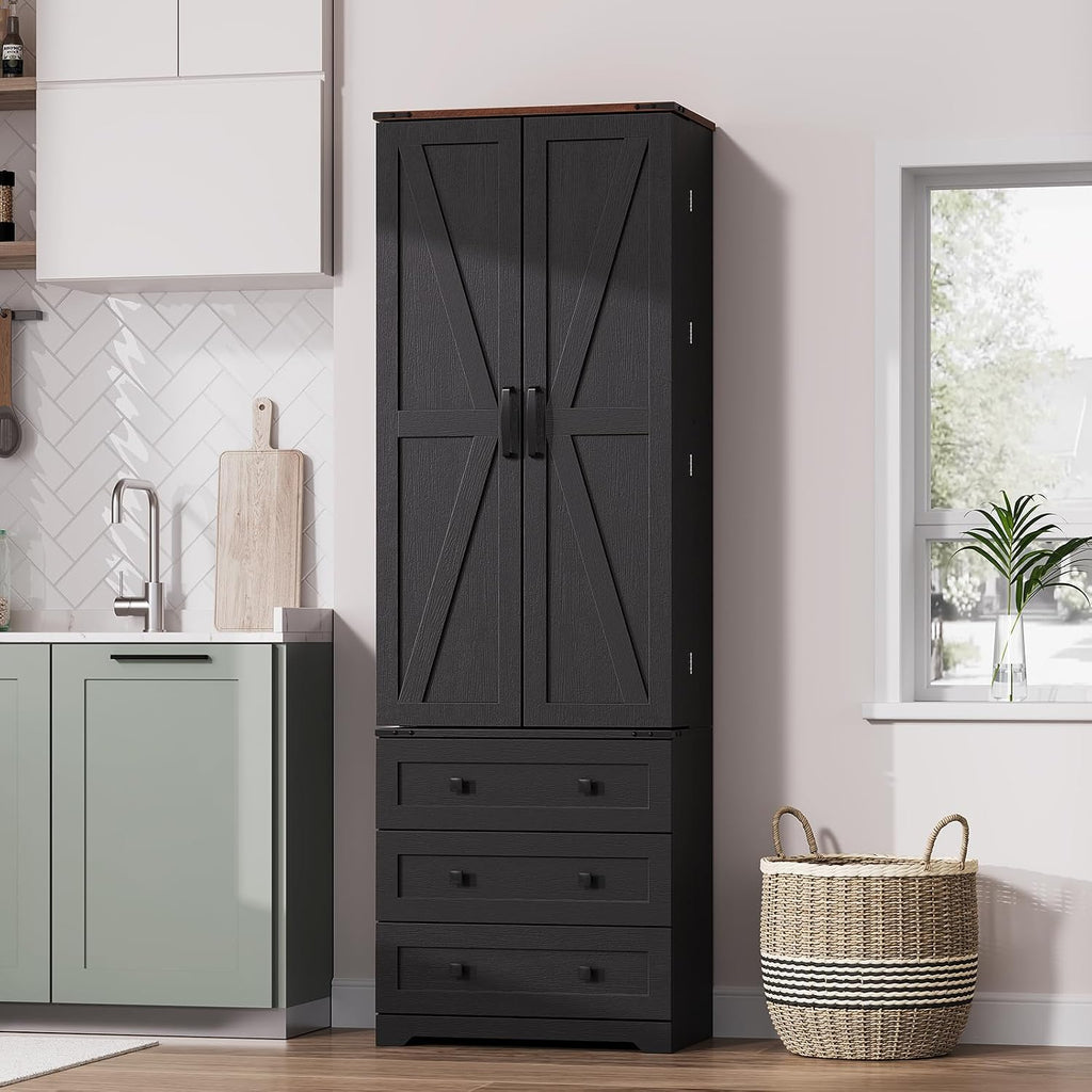 IDEALHOUSE Farmhouse Kitchen Pantry Cabinet - 72" Tall Large Wood Kitchen Storage Cabinets with Adjustable Shelves & 2 Barn Doors & 3 Drawer, Versatile Storage for Dining Room, Bathroom, Living Room
