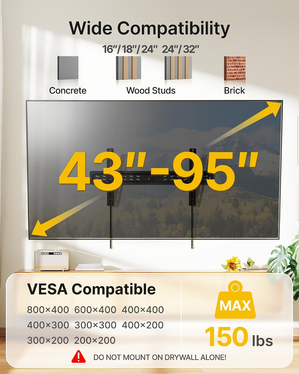 monTEK Ultra Slim Tilting TV Wall Mount for 43–95 inch TVs Holds 150 lbs | 1.2 in Low Profile, 0~-12° Tilt, 4X Safety Tested, Max VESA 800x400mm, Fits 16/18/24 in Wood Studs, Living Room, Home Theater