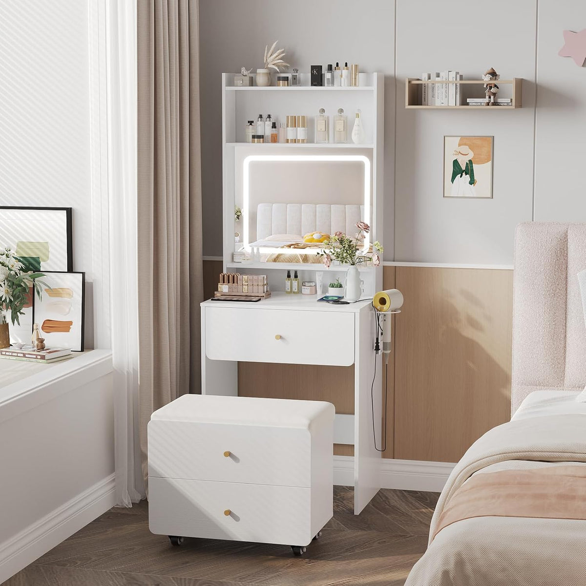 Make Up Vanity Desk with Mirror and Lights,Small Vanity With Storage Chair | White Vanity Table Set with Charger Station
