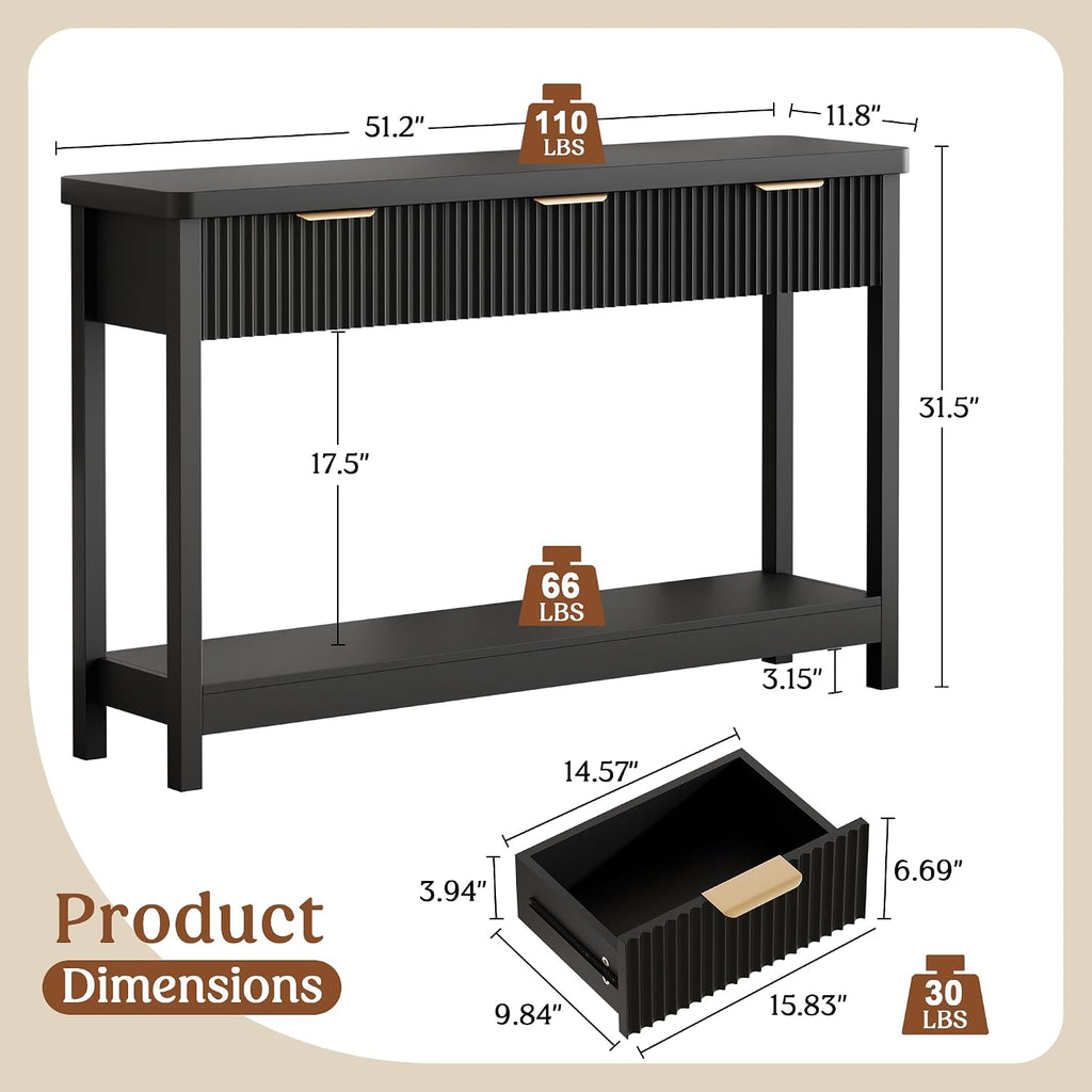 Lulive Fluted Console Table, 51 Inch Entryway Table with 3 Drawers | Scandi farmhouse look with quiet full-extension slides, open lower shelf, profile for hallway, entry, foyer or behind sofa.