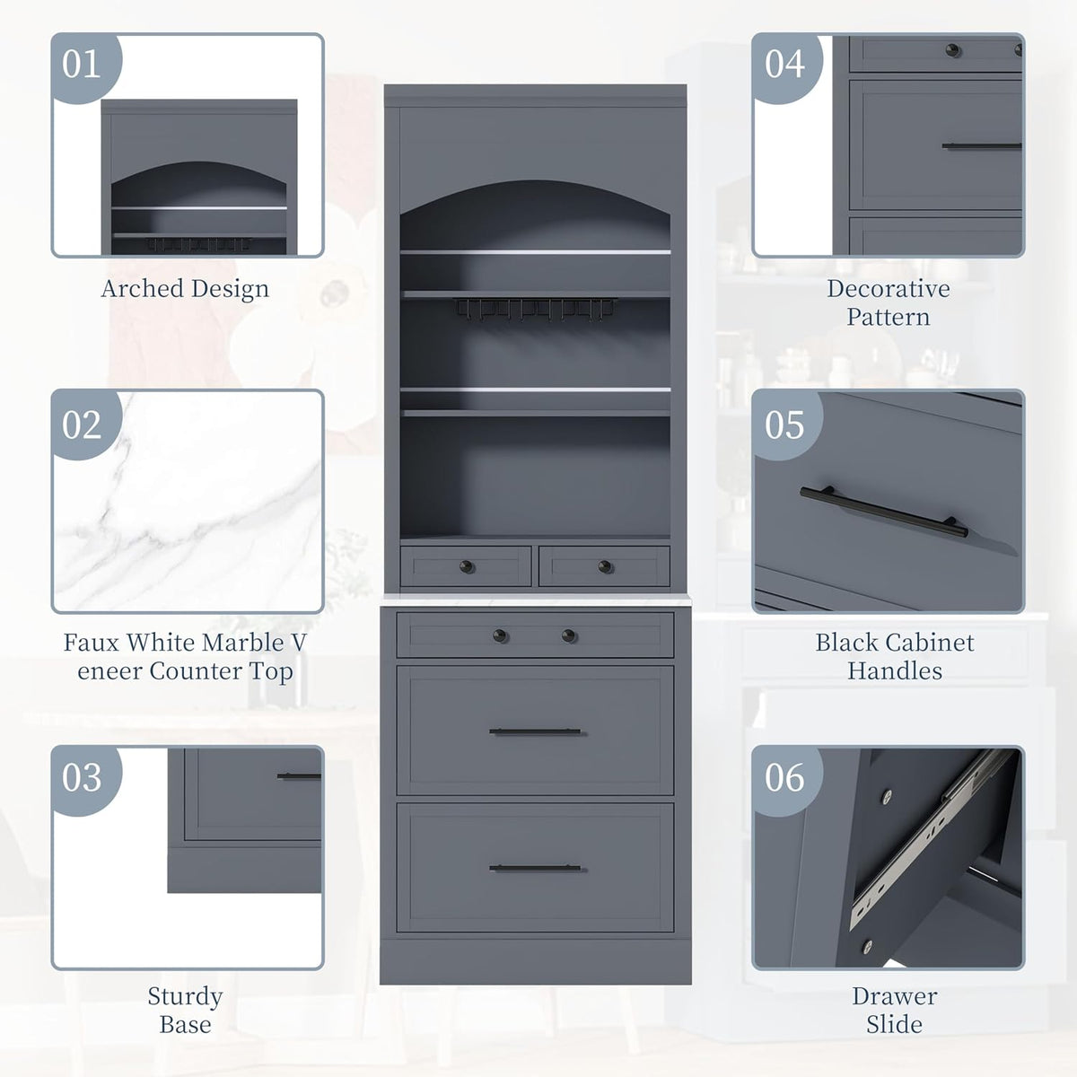 Modern 28.7x17.5x83.7 Inch Tall Kitchen Pantry Cabinet, Freestanding Hutch with Faux Marble Top, 5 Drawers & Adjustable Shelf, Glass Holders, Space-Saving Storage for Kitchen/Dining Room (1, Gray)