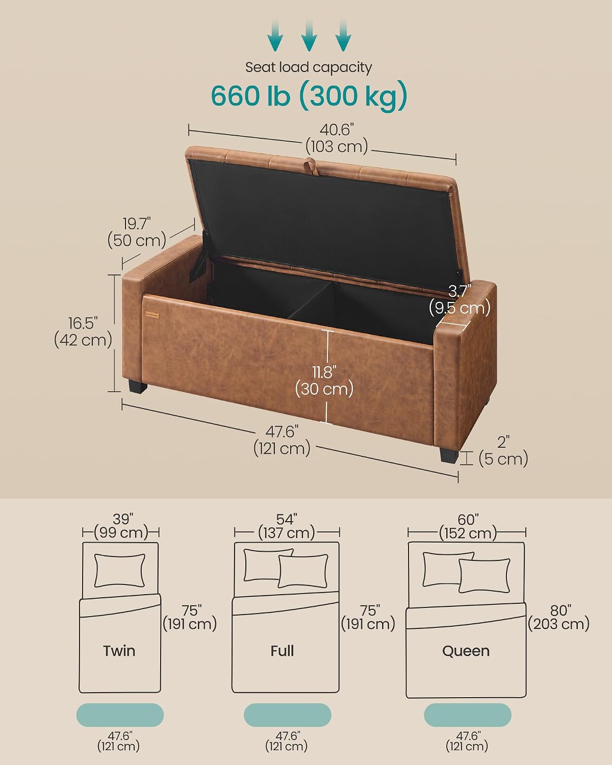 SONGMICS Storage Ottoman,ULOM521KQ01 | Buttons Decoration, Non-Slip Foot Pads, 661.4 lb Load Capacity, Coffee Brown, MACEO Collection ULOM521KQ01