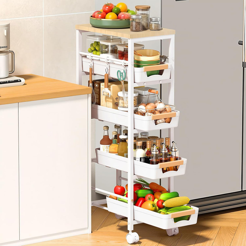 SUNALLY Slim Storage Cart with Wheels, Narrow Kitchen Rolling Cart, White | 5-Tier Skinny Rolling Cart with Wooden Top & Lockable Wheels, Storage Organizer for Bathroom, Laundry Room, Narrow Space