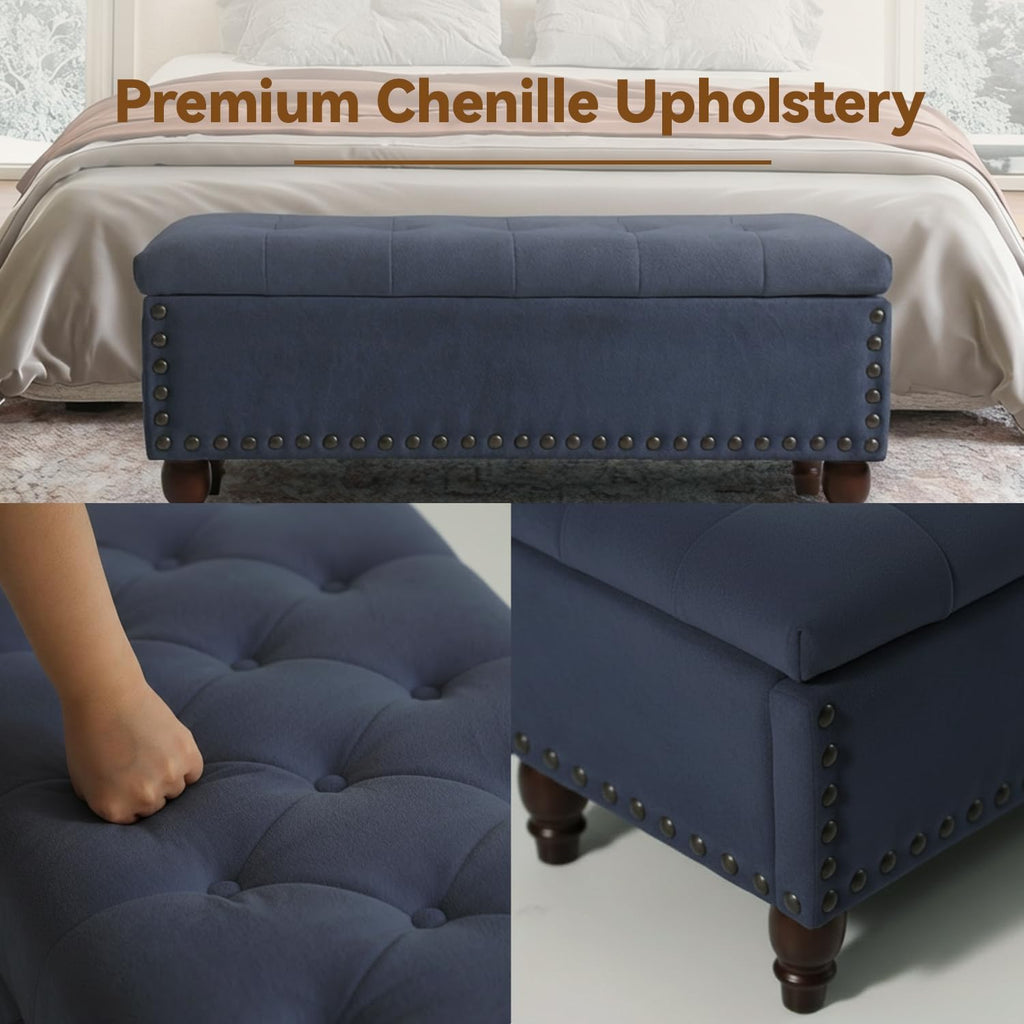 42'' End of Bed Storage Bench with Dual-Surface Lid, Upholstered Ottoman with Hidden Storage, Chenille Bench Seating with Wood Panel Seat for Entryway,Living Room,Bedroom-Blue