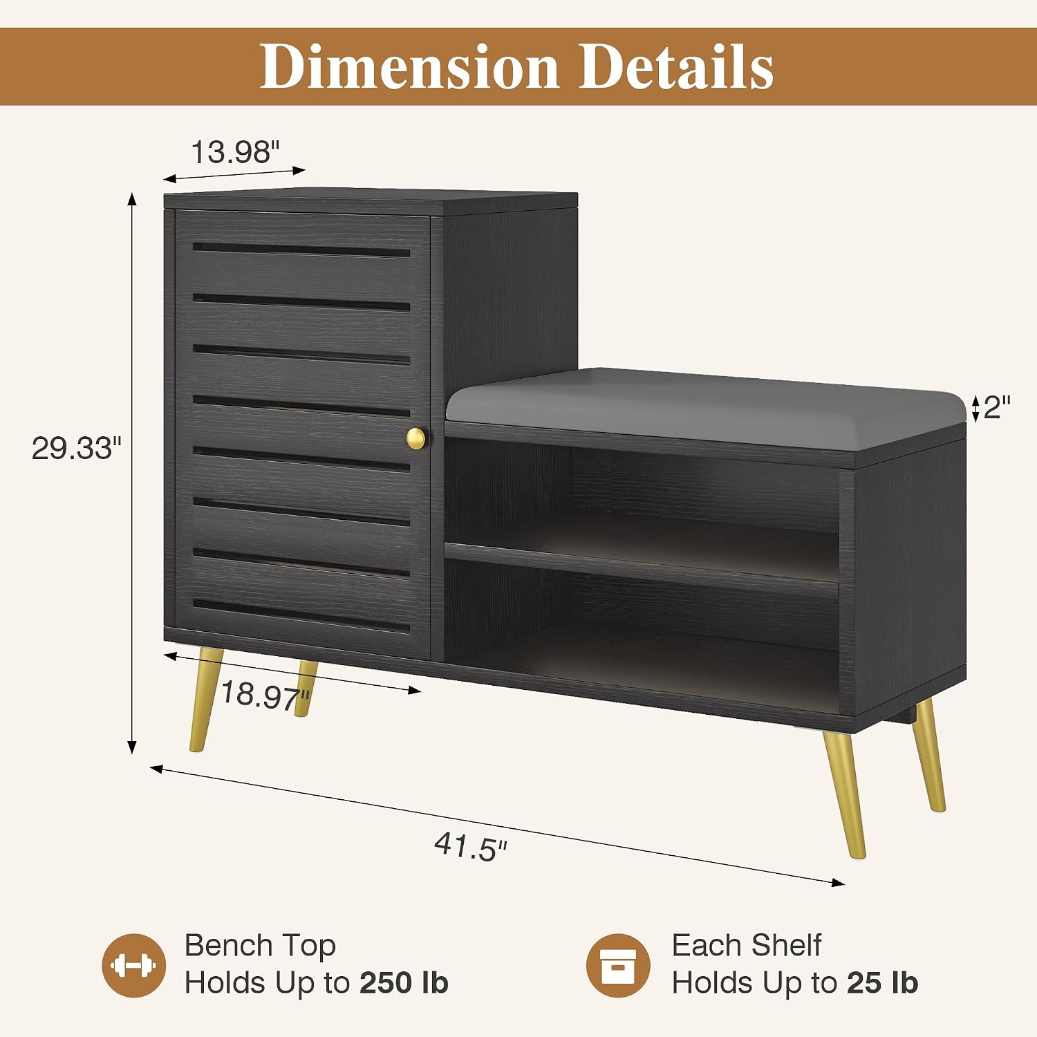 VECELO Shoe Storage Bench with Door&Shelf, Entryway Bench with Seat Cushion, for Hallway, Bedroom, Living Room, L-Shaped, Black
