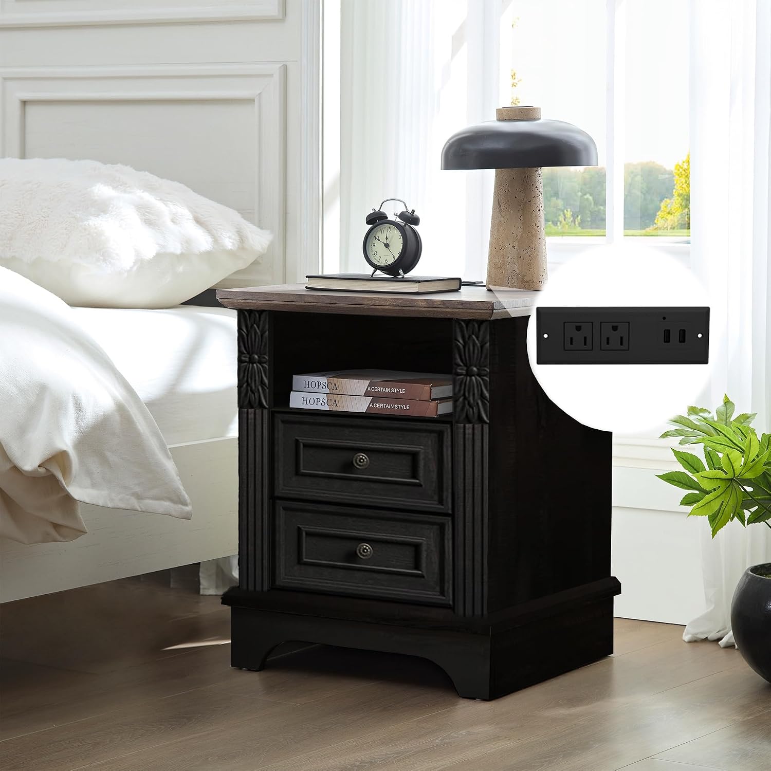 BOSHIRO Farmhouse Nightstand wtih Charging Station, 20" End Table with 2 Drawers, Night Stand Side Table Storage Cabinet with Carved Pilasters for Bedroom,Wood Rustic, Black
