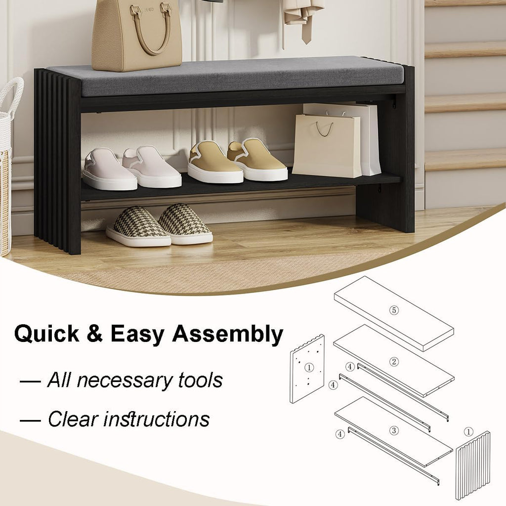 BON AUGURE 40" Entryway Shoe Bench with Storage & Cushion, Modern Fluted Shoe Rack for Mudroom, Sturdy Wooden Hallway Bench with 360 lbs Capacity, Black Oak