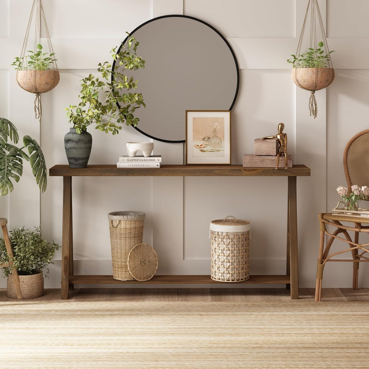 Farmhouse Console Tables for Living Room, 63" Solid Wood 2-Tier Sofa Table, Rustic Hallway Table for Entryway, Natural