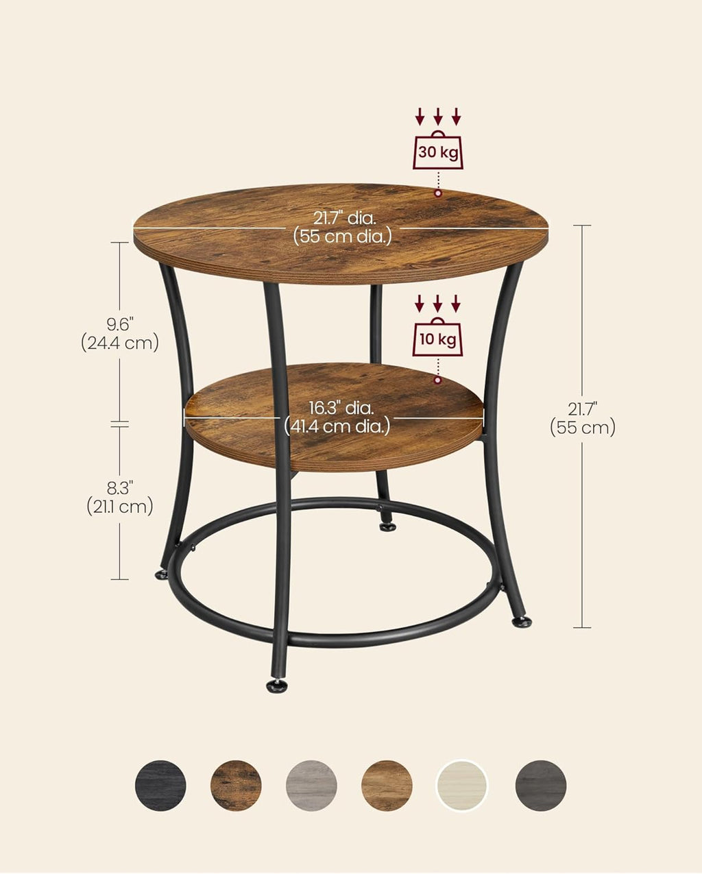 VASAGLE 21.7-Inch Round Side Table, 2-Tier End Table, Nightstand with Steel Frame, Spacious Top, for Small Spaces, Living Room, Bedroom, Rustic Brown and Ink Black ULET56BX