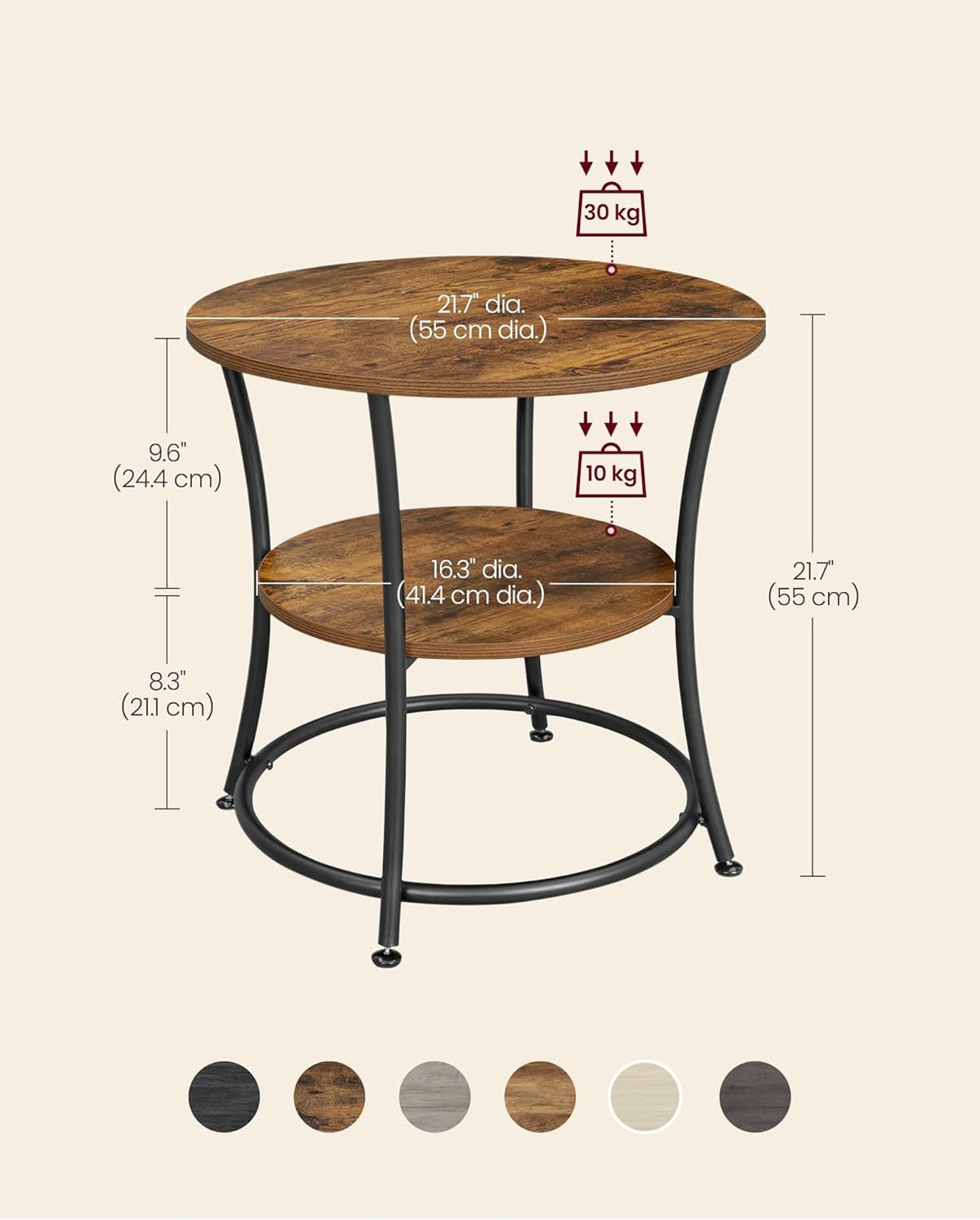 VASAGLE 21.7-Inch Round Side Table, 2-Tier End Table, Nightstand with Steel Frame, Spacious Top, for Small Spaces, Living Room, Bedroom, Rustic Brown and Ink Black ULET56BX