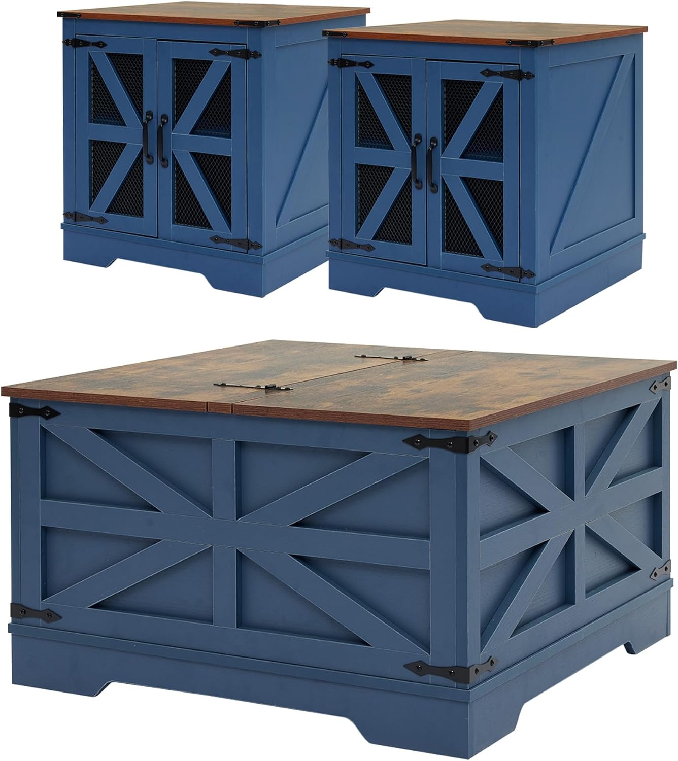 Coffee Table and End Table Sets of 3, 2 Large End Table with Charging Station and 1 Coffee Table with Large Hidden Storage, Farmhouse Living Room Table Set, Blue