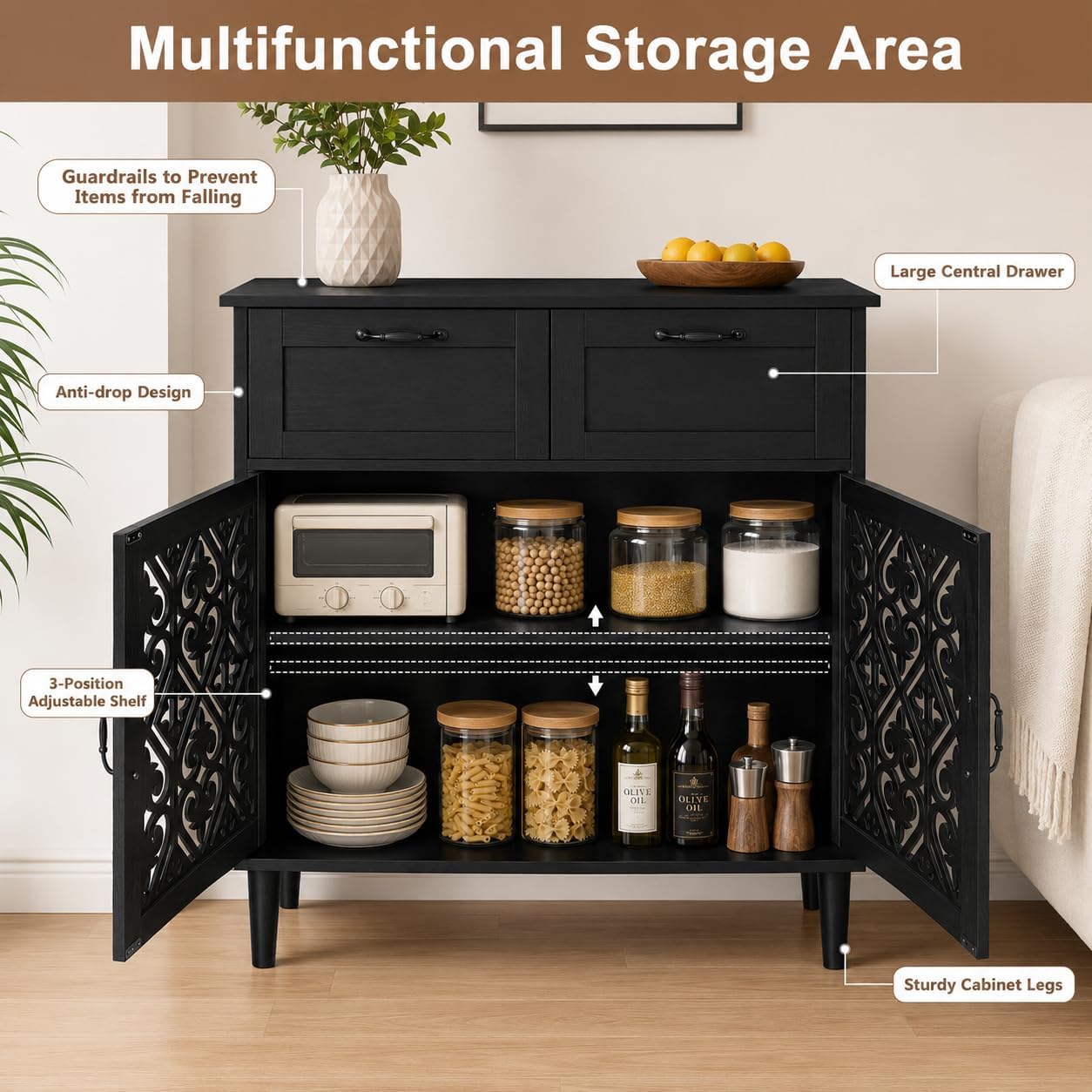 Sideboard Cabinet with 2 Doors & 2 Drawers - Adjustable Storage Console Table for Living Room, Bathroom - Modern Farmhouse Storage Cabinet with Black Handles