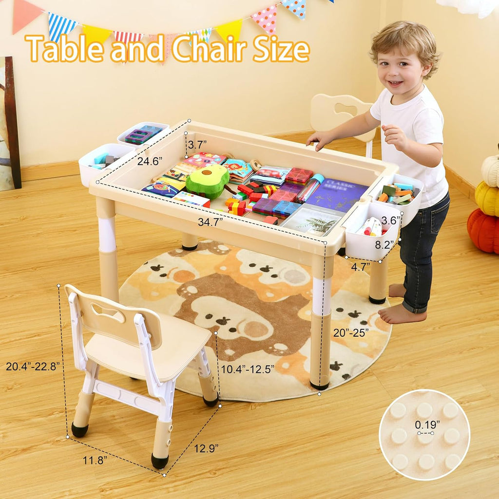4 in 1 Kids Table and 2 Chairs Set, Large Storage Toddler Table and Chair Set with 4 Side Box, Graffiti/Building Blocks Double-Sided Tabletop, Multi-Functional Children Activity Table