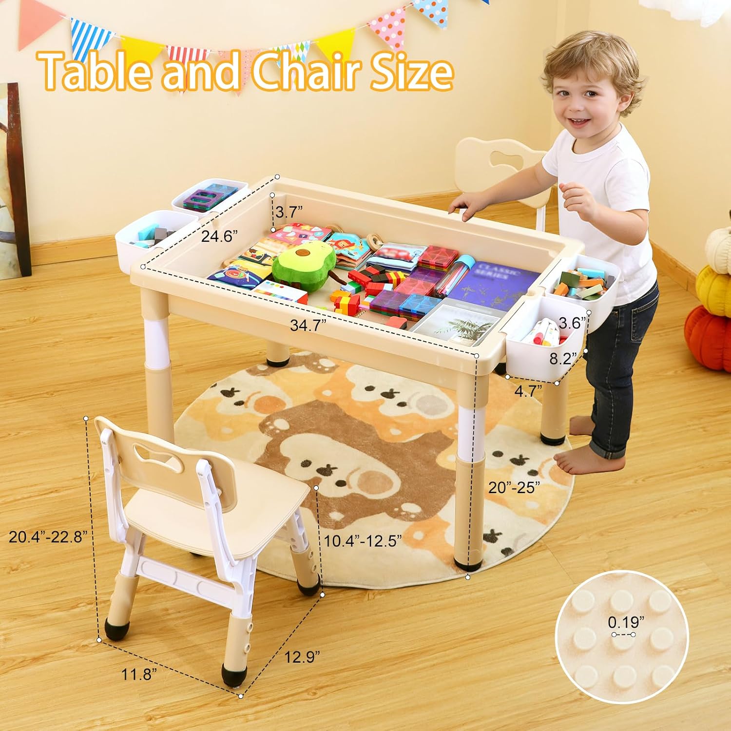 4 in 1 Kids Table and 2 Chairs Set, Large Storage Toddler Table and Chair Set with 4 Side Box, Graffiti/Building Blocks Double-Sided Tabletop, Multi-Functional Children Activity Table