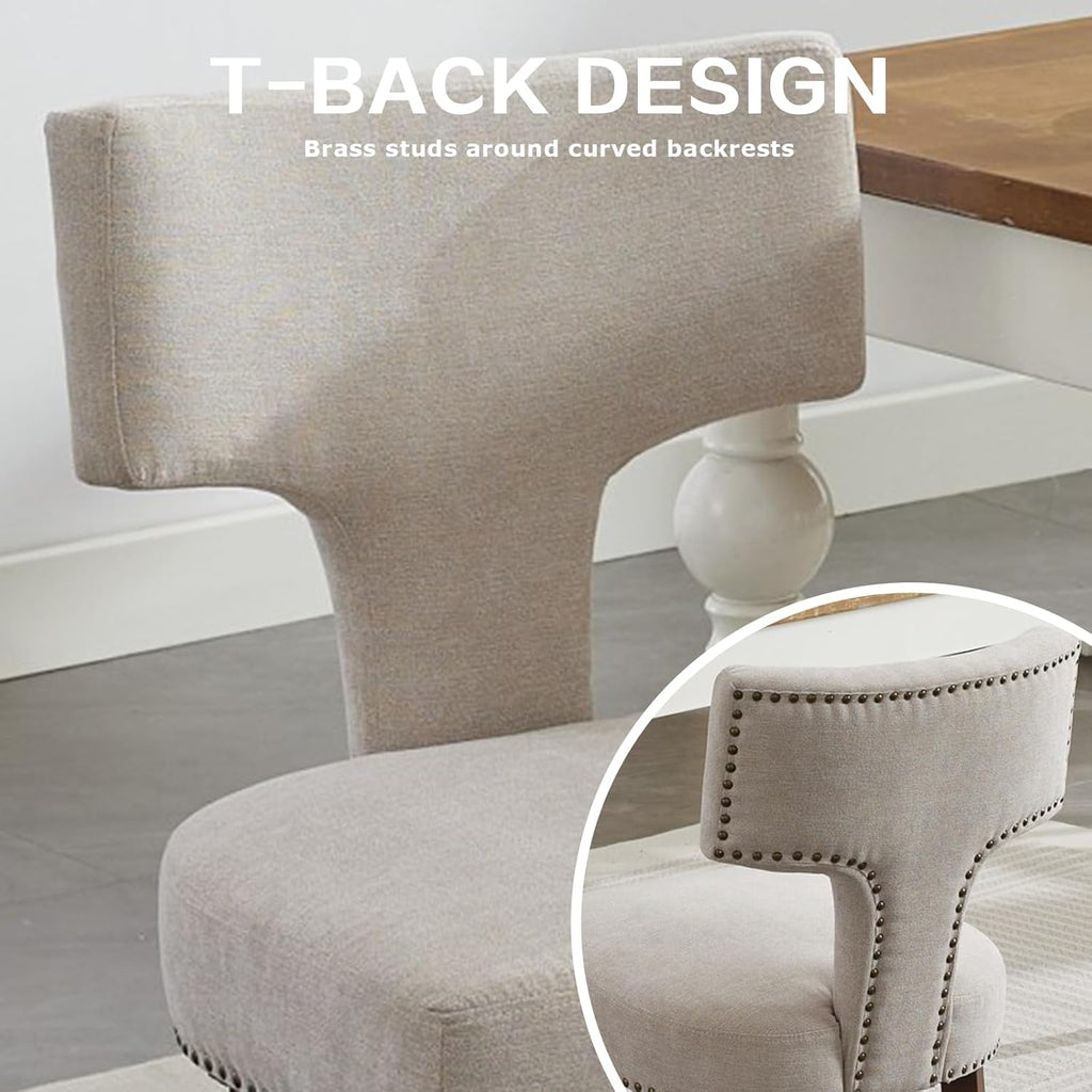 SoarFlash Modern Wooden Dining Chairs Set of 6, Farmhouse Linen Fabric Upholstered Accent Chair Curved Backrest with Copper Nails Around,Kitchen Chairs with Hardwood Frame, Beige
