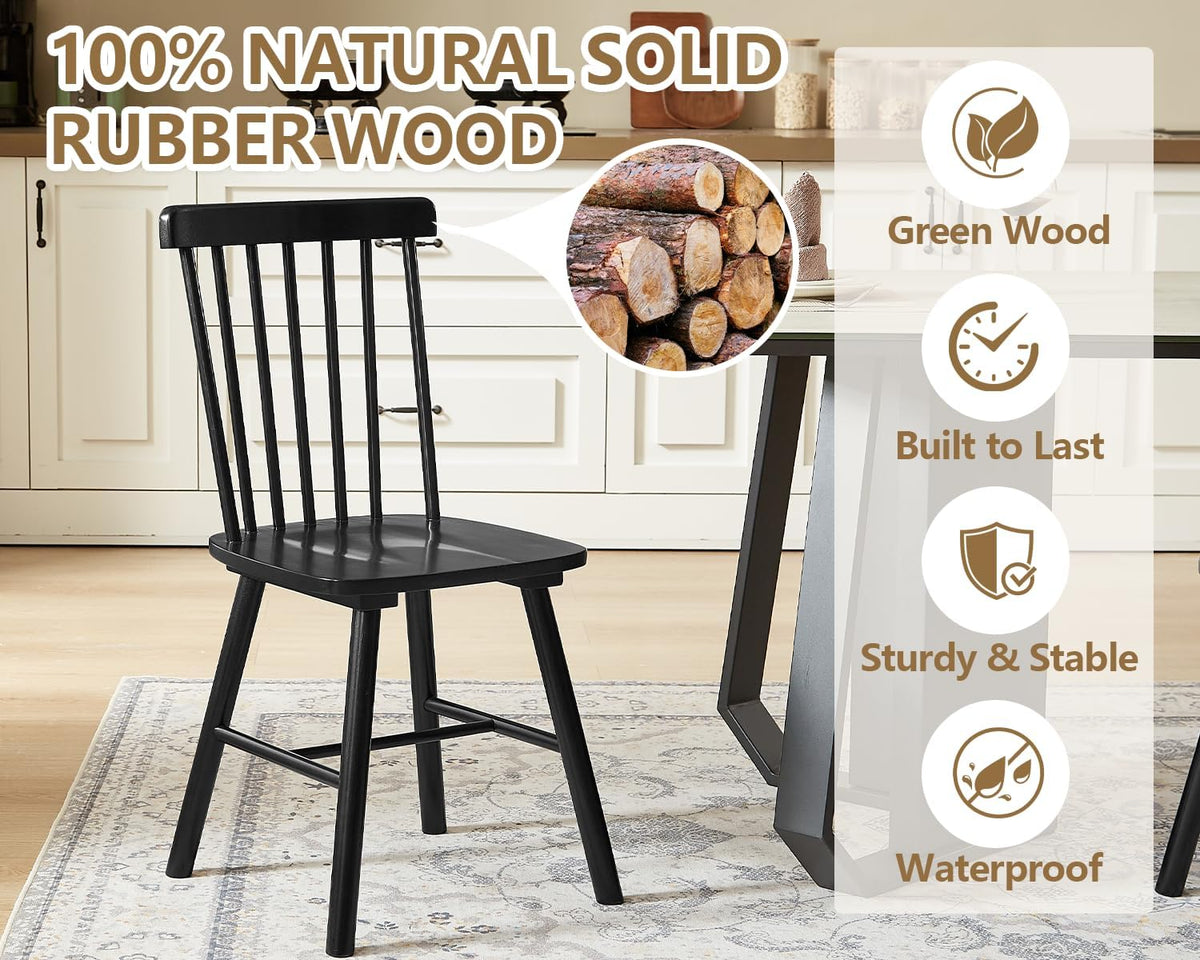 PrimeZone Windsor Dining Chairs Set of 4 with Spindle Back, Black | Solid Rubber Wood Farmhouse Kitchen Chair, Mid-Century Modern Side Dining Chair for Dining Room, Kitchen & Restaurant