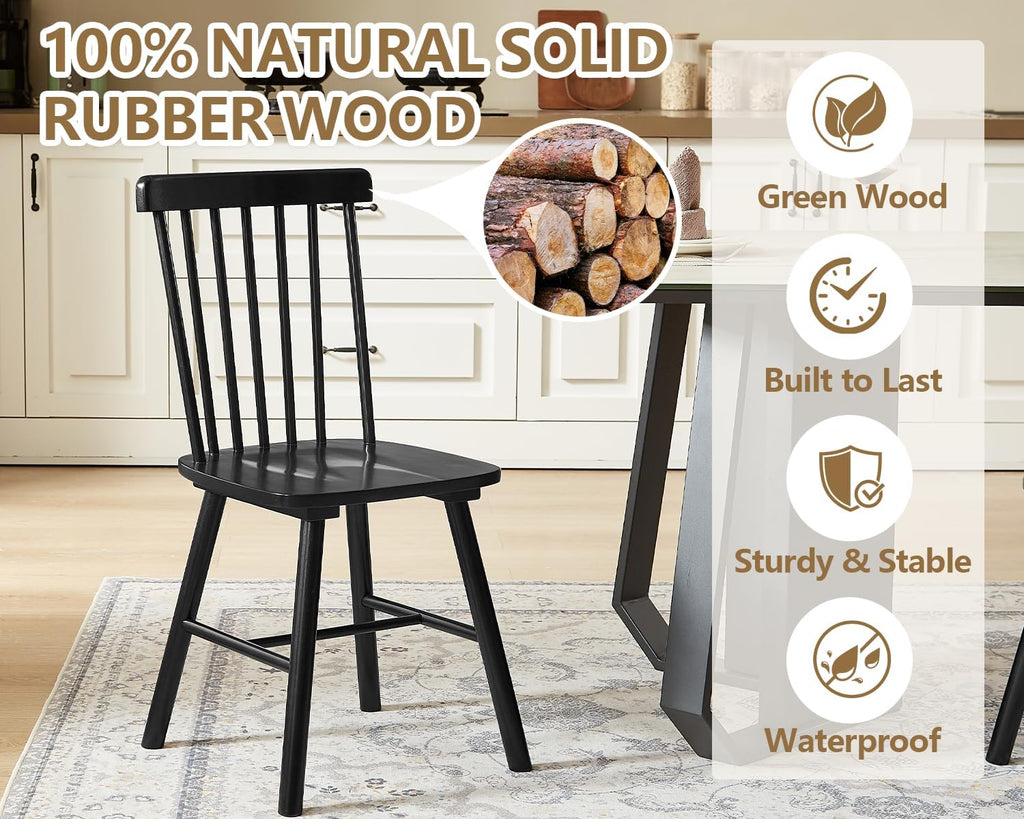 PrimeZone Windsor Dining Chairs Set of 6 - Solid Rubber Wood Farmhouse Kitchen Chair with Spindle Back, Mid-Century Modern Side Dining Chair for Dining Room, Kitchen & Restaurant, Black