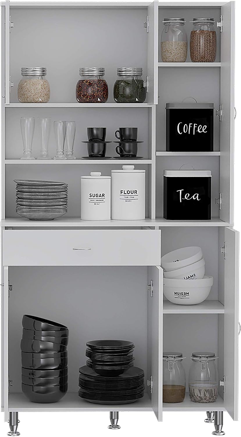 90 Kitchen Pantry Cabinet with Open Shelves, Drawer & Multiple Cabinets, White, Functional Storage for Kitchenware
