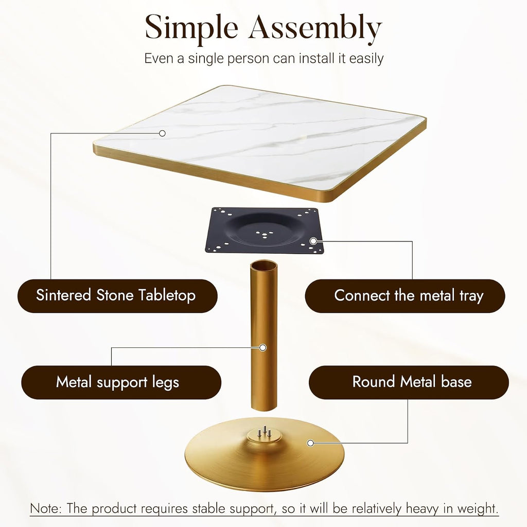 31.5" Square Dining Table, Square Restaurant Table with 1.2" Thick Sintered Stone Tabletop and Golden Metal Pedestal Base, Bistro Table for Diner, Bar, kitchen, Bakery, Apartment (Marble White)