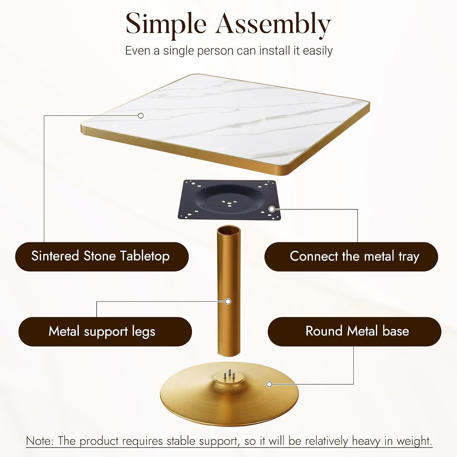 31.5" Square Dining Table, Square Restaurant Table with 1.2" Thick Sintered Stone Tabletop and Golden Metal Pedestal Base, Bistro Table for Diner, Bar, kitchen, Bakery, Apartment (Marble White)
