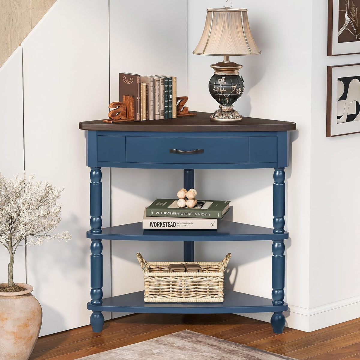 33.86" Corner Table, Wood 3 Tier Triangle Side Table Corner Shelf Stand with Solid Wood Legs 1 Drawer & 2 Storage Shelves for Living Room Small Space (Navy Blue)